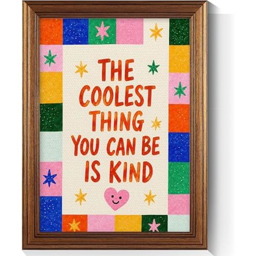 Nursery Classroom Canvas Wall Art, The Coolest Thing You Can Be Is Kind Inspirational Poster, Colorful Boho Positive Affirmations Wall Decor Print for Kids Playroom Bedroom 12x16in Golden Frame