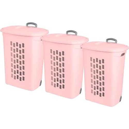 Sterilite 3 Pack Ultra Wheeled Hamper, Plastic Laundry Basket Clothes Bin with Wheels, Flip Top Lid and Retractable Handle, Pink Frost