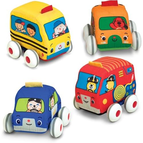 Melissa & Doug K's Kids Pull-Back Town Vehicle Set - Baby Toys Set with 4 Soft Toy Cars and Trucks, Surface Washable with Removable Wheels, Learning Toys for Babies and Toddlers