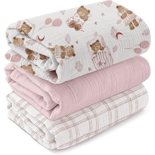 GLLQUEN BABY Muslin Swaddle Blankets,3-Pack Receiving Blanket for Newborn Boys and Girls,Baby Swaddle Blanket Unisex,Little Bear,Baby Essentials, Registry & Gift, 40 x 38 inches
