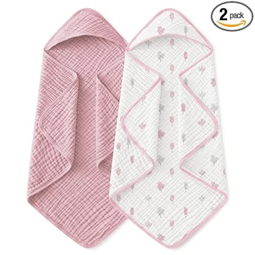 Yoofoss Hooded Baby Towels for Newborn 2 Pack 100% Muslin Organic Cotton Baby Bath Towel with Hood for Babies, Infant, Toddler and Kids,37.5"x37.5", Soft and Absorbent Newborn Essential,Pink&WhiteLeaf