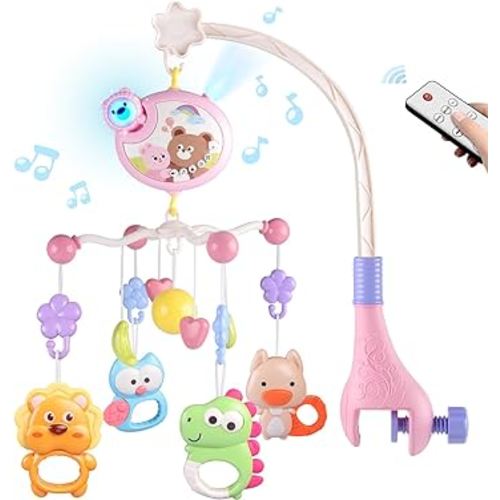 Crib Mobile with Music and Lights, Baby Mobiles for Cribs, Nursery Musical Mobile for Bassinets Toys Hanging Girls Boys, Pack and Play Space Portable Animal Mobile Hanger Arm Clip On Attachment