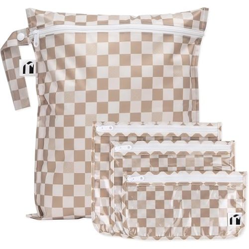 Bumkins Roamio Waterproof Wet Bag & Clear Travel Bags - For Beach, Baby, Travel, Swim Suit, Cloth Diapers, Pump Parts, Pool, Gym, Toiletries - Reusable & Easy to Clean - Beige Check - 4 Pack