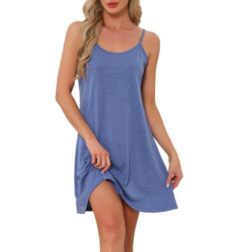 cheibear Women's Elegant U-Neck Sleeveless Lounge Dress Spaghetti Strap Tank Pajamas Nightgown Small Melange Blue