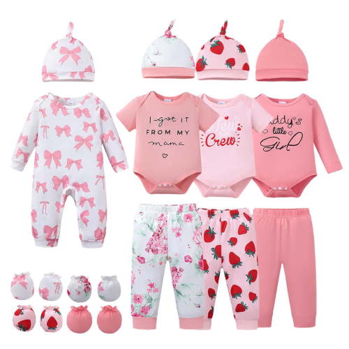 KIMI BEAR Newborn Baby Girls Layette Set 4 Packs Shower Gifts Essential Clothing Short Sleeves Long Sleeves Romper Top Pants and Bodysuit with Hats and Gloves 15pcs Clothes Pink NB