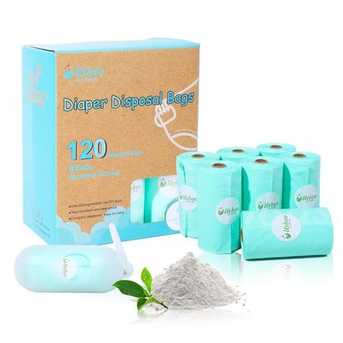 Diaper Bags Disposable for Baby - Fresh Powder Scent, 8 Refill Rolls (120 Pack) Diaper Trash Bags with Dispenser, Diaper Bag Accessory