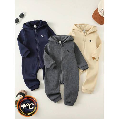 SHEIN 3pcs Baby Boy/Girl Grey Brushed Thick Knit Loose Hooded Long Sleeve Jumpsuit Set, Soft & Versatile For Indoor & Outdoor, Autumn/Winter Baby Boy Winter Jumpsuit Dinosaur Print Baby Jumpsuit | SHEIN USA