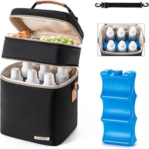 Breastmilk Cooler Bag with Ice Pack Fits 6 Baby Bottles Up to 9 Ounce, Double Deck Leak-Proof Baby Bottles Bag with Shoulder Strap for Nursing & Working Mom,