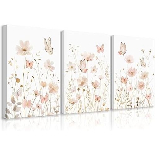 Pink Boho Floral Wall Art Vintage Nursery Wildflower Canvas Wall Decor Watercolor Flower Prints Pink Botanical Poster Butterfly Pictures Gold Floral Painting for Bedroom 12x16 Inch Ready to Hang 3pcs