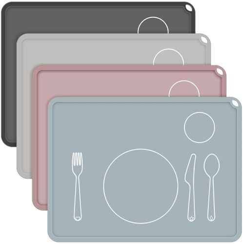 Zhehao 4 Pcs Montessori Kids Placemat 16 x 12'' Non Slip Baby Silicone Placemats for Toddlers Baby Eating Mat Food Mats for Toddler Dining Table Setting Learning Travel Kitchen(Soft Colors)