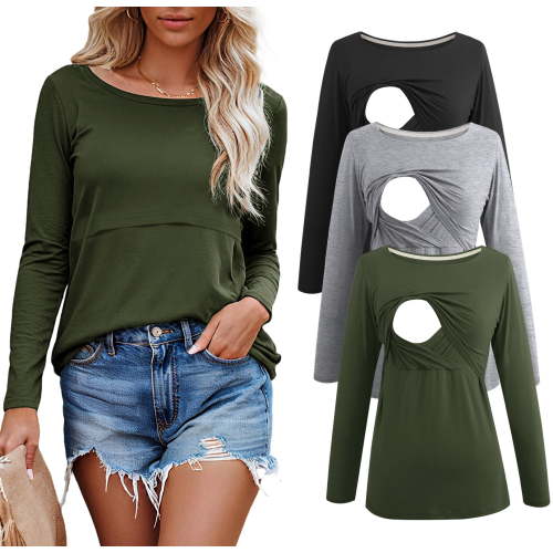 Women's Long Sleeve Maternity Nursing Tops Shirts Breastfeeding Clothes 3-Pack