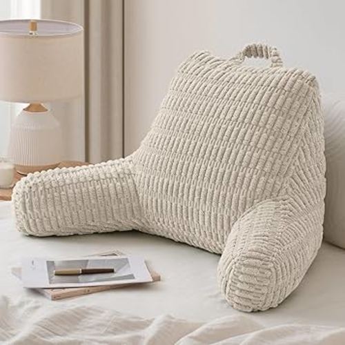 Blissful Diary Reading Pillow, Large Backrest Pillow with Shredded Memory Foam for Adult & Children, Designed for Bed and Couch Sitting Up, Includes Arms, Pockets and Washable Cover, Off White