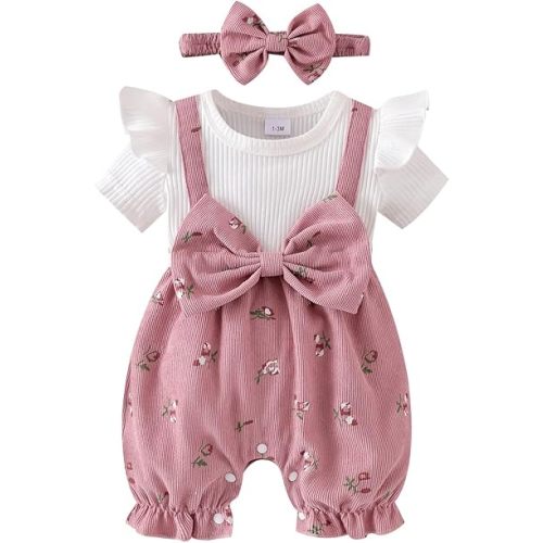 YINGISFITM Newborn Baby Girl Summer Clothes Short Sleeve Bubble Romper Bow Shorts Jumpsuit Infant Outfit 0 3 6 9 12 18 Months