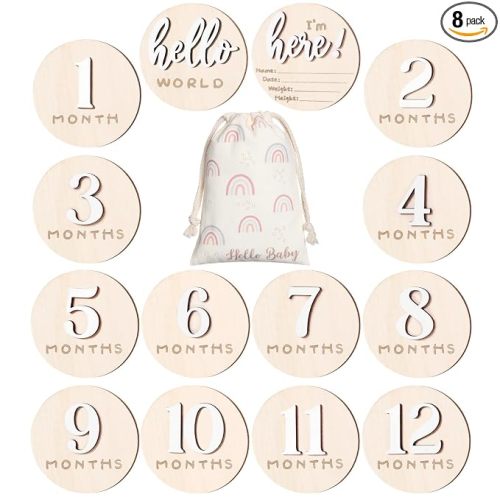 7 Pack 3D Baby Monthly Milestone Card Signs Baby Announcement Sign Double Sided Hello World Newborn Signs Wooden Circles Discs for Welcome Newborn Boy Girl Photo Props (White,Number)