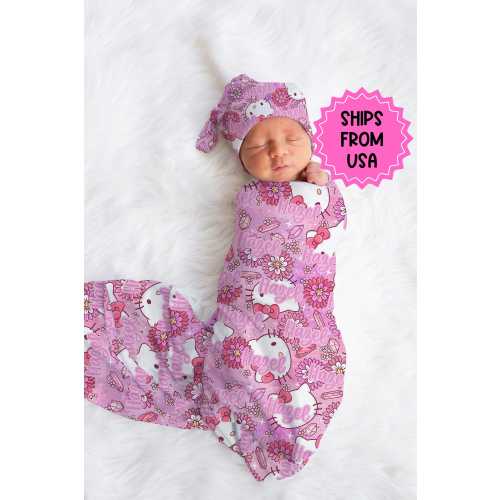 Personalized Pink anime cat Swaddle bow set newborn Swaddle hat set, Newborn girl hospital reveal outfit, baby shower gift, stretchy swaddle