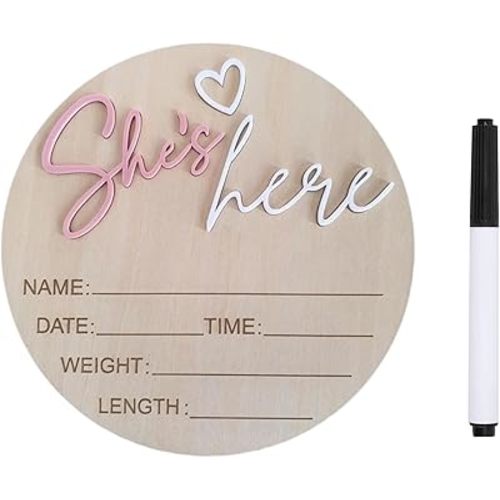 Baby Announcement Sign, ​5.9 Inch Wooden Hello World Newborn Signs, Birth Announcement Sign, Gender Reveal Signs, He's here Decoration, Welcome Newborn Arrival To World (She's,Pink-A)