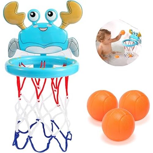 Bath Toys for Toddlers 1-4, Bathtub Basketball Hoop for Kids Toddlers, Water Pool Toys for Baby Toddler Toys Age 1-4, Basketball Hoop Sports Sensory Toys with 3 Hole-Free Balls (Blue Crab)