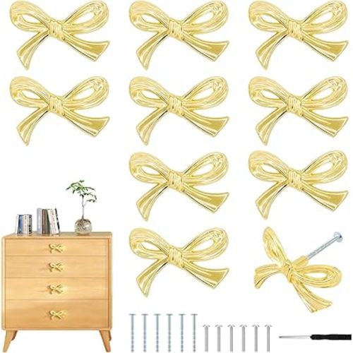 10-Piece Bow Shape Cabinets Knobs, Vintage Decorative Drawer Handles, Golden Dresser Pulls, Gold Drawer Pulls for Home Kitchen Desk Dresser Wardrobe Cupboard
