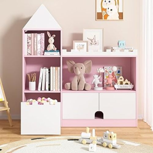 Toy Storage Organizer, Kids Castle Bookshelf, 6 Cubby Children Bookshelf, 39.4’’ Wood Montessori Shelf Baby Book Shelf for Nursery, Playroom, Living Room (Pink)