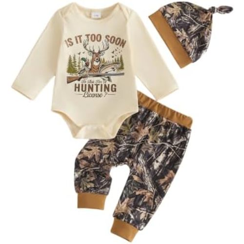 Sasaerucure Infant Baby Boy Outfit Hunting Long Sleeve Romper Pants Hat Set