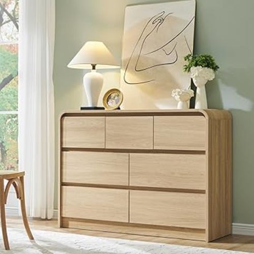 Modern 7 Drawers Dresser for Bedroom, 47" Wide Wood Dressers & Chests of Drawers w/Curved Profile Design, Mid Century Modern Dresser w/Natural Texture for Bedroom, Living Room, Natural Oak