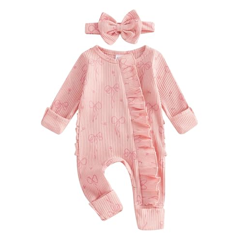 allshope Newborn Baby Girl Fall Outfit Bow Print Long Sleeve Full Length Zipper Front Ribbed Jumpsuit Infant Clothes