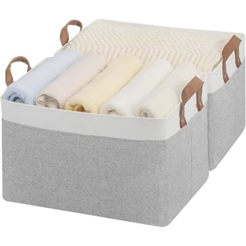 StorageWorks Storage Bins, Fabric Storage Bins for Shelves, Large Storage Baskets with Metal Frame, Closet Baskets and Bins with Handles, Gray and White, 2-Pack