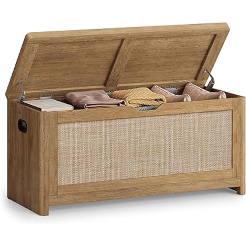 VASAGLE ELLAN Collection - Boho Storage Bench with Rattan Look, Storage Chest with Rounded Corners, Blanket Chest and Trunk with Seat for Bedroom Entryway, Natural Brown ULSB503KC01