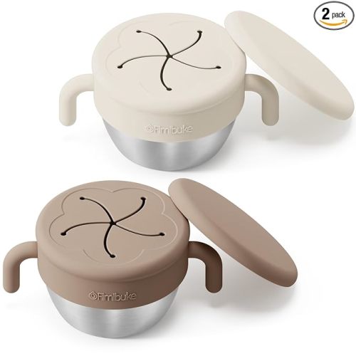 Fimibuke Snack Containers for Toddlers Kids, 12 OZ Spill Proof Stainless Steel Baby Snack Cups with Removable Silicone Food Catcher, Handles & Travel Lid BPA-Free Dishwasher Safe Food Container 2 Pack