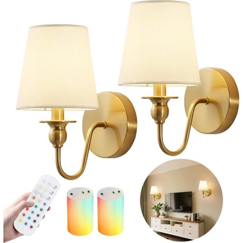 Battery Operated Wall Sconces set of Two,Wireless Wall Sconces with 10000mAh Dimmable Bulb and Remote,LED 15 Colors Rechargeable Gold Wall Sconce with Fabric for Bedroom Living Room Hallway Wall Decor