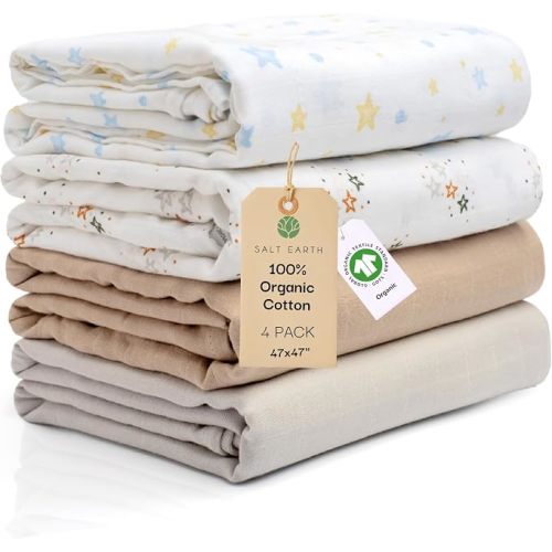 47"x 47" GOTS 100% Organic Cotton Swaddle Blanket 4 Pack (Solids/Rainbow) | Salt Earth Organic 2 Layer Baby Blanket,Receiving Blankets, Swaddling, Wrap for Boy & Girl, Newborn Baby Essentials, Registry