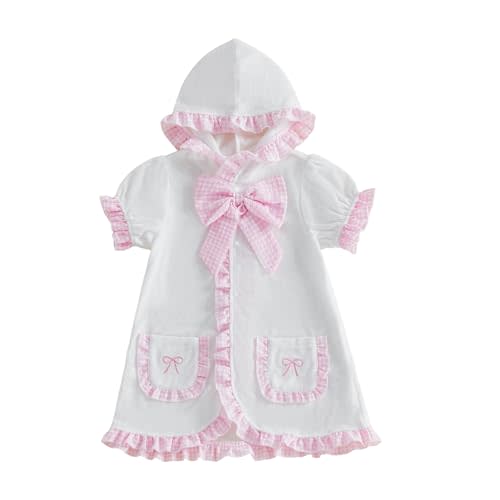 Balaflyie Girls Swim Cover Up Summer Terry Swimsuit Coverups for Kids | Towel Poncho for Girls, Bathing Suit Cover-ups for Toddlers&Babies, Plaid Bow Embroidery Ruffle Hooded Cover Up for Girls