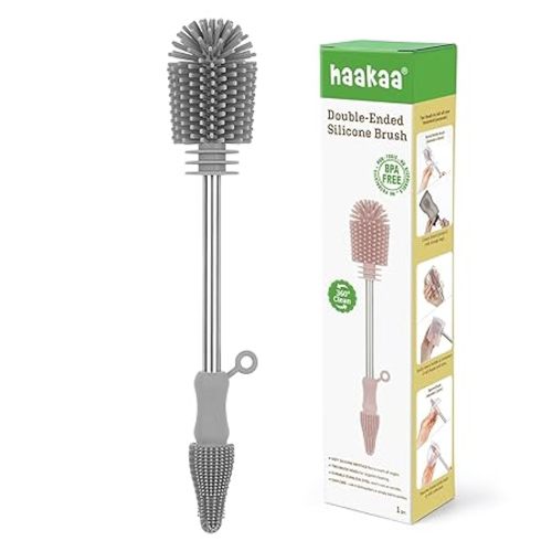 Haakaa Silicone Cleaning Brush - Baby Bottle Brush Cleaner for Breast Pump,Nipple,Breast Milk Storage Bag - Food Grade Silicone - 1 Count - Grey