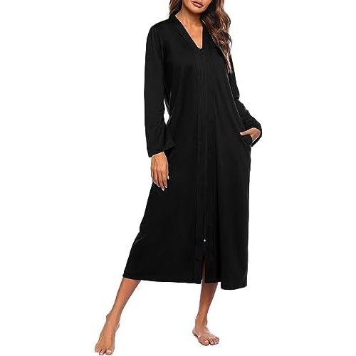 Ekouaer Women Zipper Robe Long Sleeve Loungewear Lightweight Housecoat Full Length Nightgown with Pockets