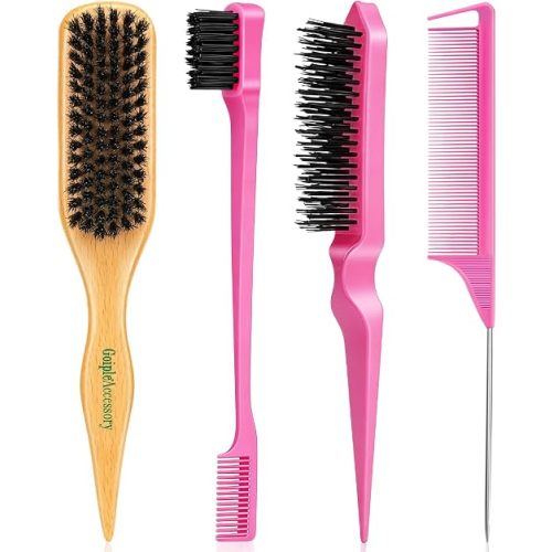 Boar Bristle Slick Back Hair Brush for Smooth Flyaways, Frizz, Sleek Ponytail, Buns and Edge Baby Hair, Teasing | Hair Comb, Edge Brush, Teasing Brush Rat Tail Comb for Girls, Kids, Women & Men