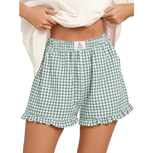 ANRABESS Boxer Shorts for Women,Gingham Plaid Elastic Waist Ruffle,Perfect for Lounge,Pajama&Sleep,Cute Casual Summer Bottoms
