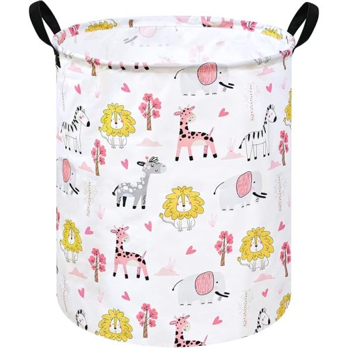 Kids Laundry Hamper Clothes Gift Basket Storage Laundry Baskets Organizer Bin with Handles for Nursery Room (Pink Zoo)