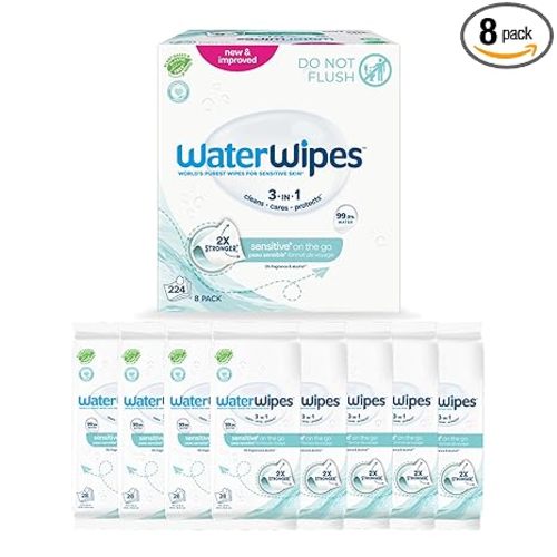 WaterWipes Sensitive+ On The Go Wipes, 3-In-1 Cleans, Cares, Protects, 99.9% Water, Unscented & Hypoallergenic Wet Wipes, 224 Count (8 Packs)