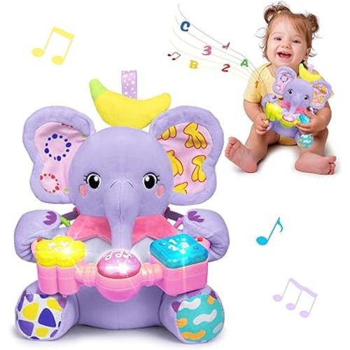 Baby Elephant Musical Stuffed Animals Toy with Light-Up Music & Crinkle Sound Paper,Infant Bilingual Early Learning Education Toys,Tummy Time Toys for 0-3-6-12+ Months Boy Girl, Purple