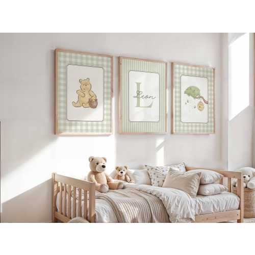 Vintage Winnie the Pooh Wall Art, Personalized Nursery Name Sign, Playroom Decor, Sage Green Nursery Prints, Gender Neutral Nursery Prints