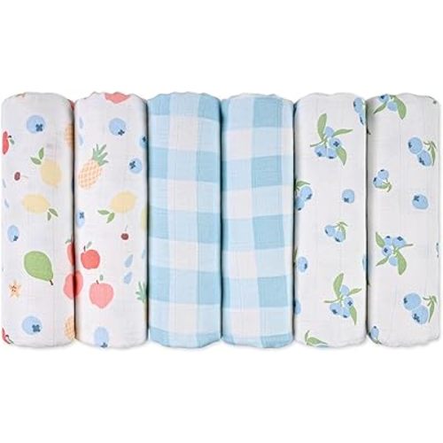 GLLQUEN BABY Receiving Blanket Boy Cotton Muslin Swaddle Blankets Girl Newborn Squares Breathable & Soft Thin Baby Blankets Cloths Double Absorbent Infant Swaddling Wrap - 6 Pack (Azure Berry Dream)