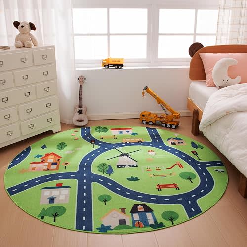 Amazon Basics Kids Washable Round Area Rug, Circle Printed Carpet Play Mat for Living Room, Bedroom, Nursery, Classroom, 4' R, City Road Green