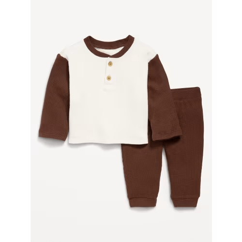 Long-Sleeve Waffle-Knit Henley Top and Pants Set for Baby