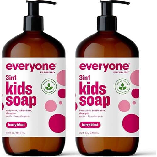 Everyone 3-in-1 Kids Soap, Body Wash, Bubble Bath, Shampoo, 32 Ounce (Pack of 2), Berry Blast, Coconut Cleanser with Plant Extracts and Pure Essential Oils
