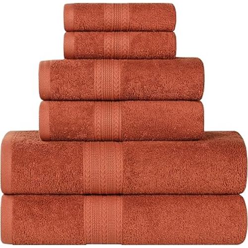 Superior Eco-Friendly Cotton 6-Piece Towel Set, Bathroom, Shower, Spa, Large and Small Assorted Towels for Home, Apartment, Dorm, 2 Bath, 2 Hand, 2 Face/Washcloth, Soft, Highly Absorbent, Copper