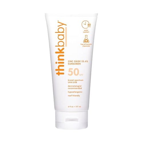 Thinkbaby SPF 50+ Baby Sunscreen, 6 Oz. – Safe, Natural Mineral Sun Cream for Babies - Water Resistant – Broad Spectrum UVA/UVB Sun Protection – Vegan Sunscreen for Kids
