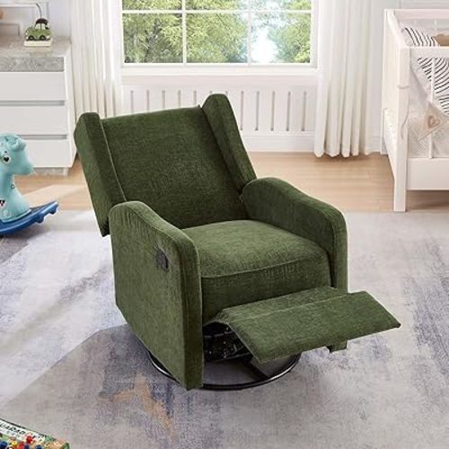 Nursery Glider Recliner Chair for Adults, Modern Swivel Rocker Recliners with Footrest, Comfy Chenille Rocking Chair Nursery for Living Room, Bedroom, Green