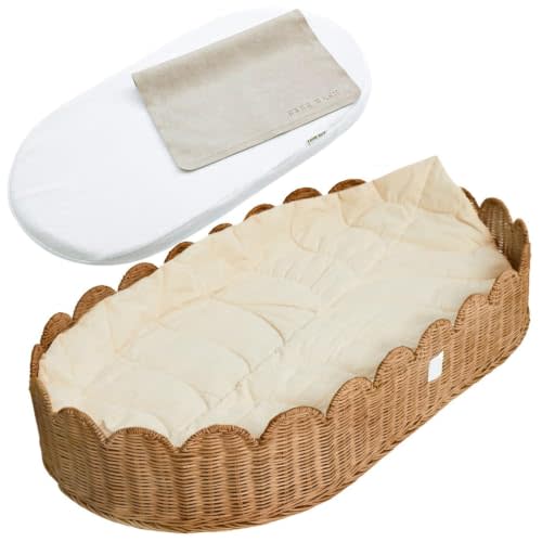 BEBE BASK Premium Baby Changing Basket - Changing Basket for Baby Dresser | Handwoven, Award Winner, Scalloped Rattan basket, Changing Pad and Liner Included, Nursery Dresser, Complete set (Mocca)