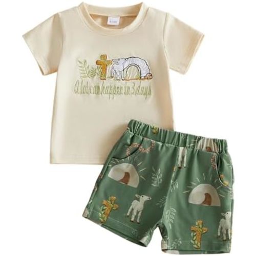 Kayotuas Infant Baby Boy Easter Outfit Cross Bunny Shirt Top And Shorts Set Cute Toddler Christian Clothes 3 6 9 12 18M 2T 3T