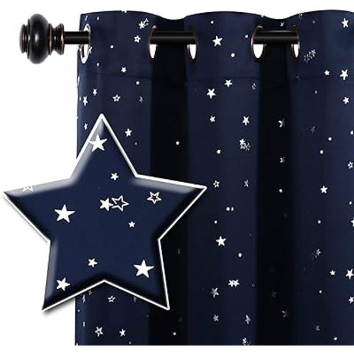 H.VERSAILTEX Blackout Star Curtains for Kids Room Boys Girls Twinkle Silver Stars Thermal Insulated Cute Thick Soft Curtain Drapes, Grommet Top, 1 Panel, 52" W x 63" L, Navy